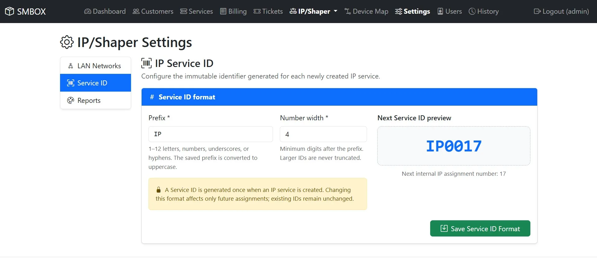 SMBOX - IP Accounting and Billing — Settings > Service ID define layout