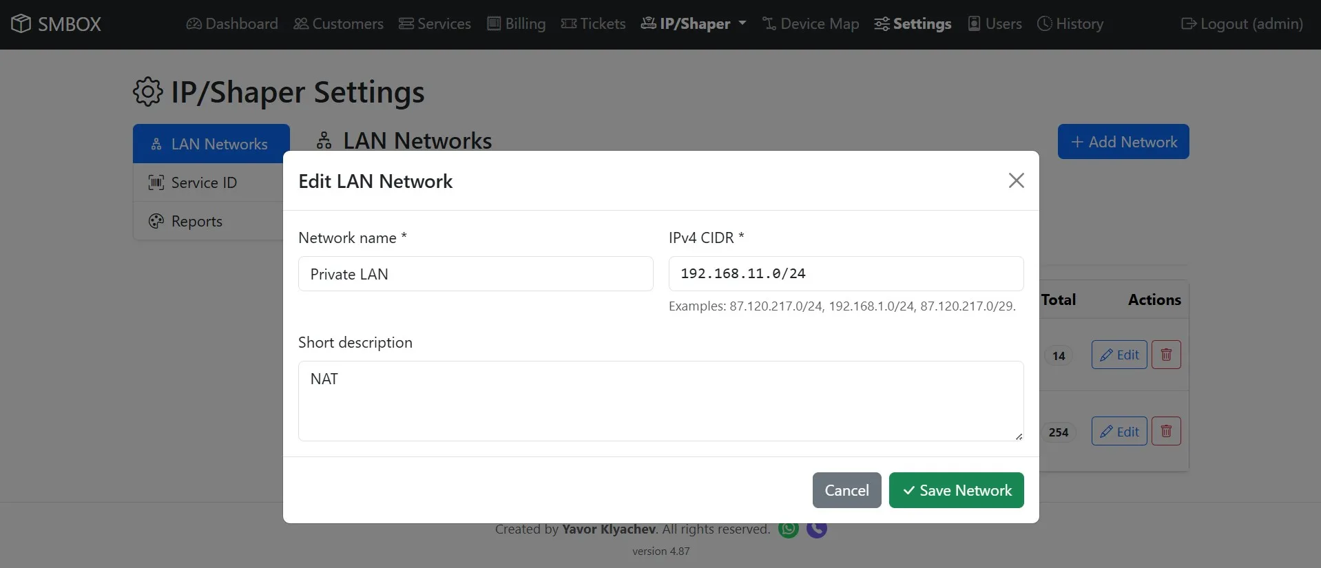 SMBOX - IP Accounting and Billing — IP Shaper > Edit LAN Network